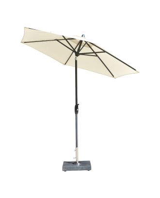 tilting garden parasol with granite base and ecru canopy tilted to right
